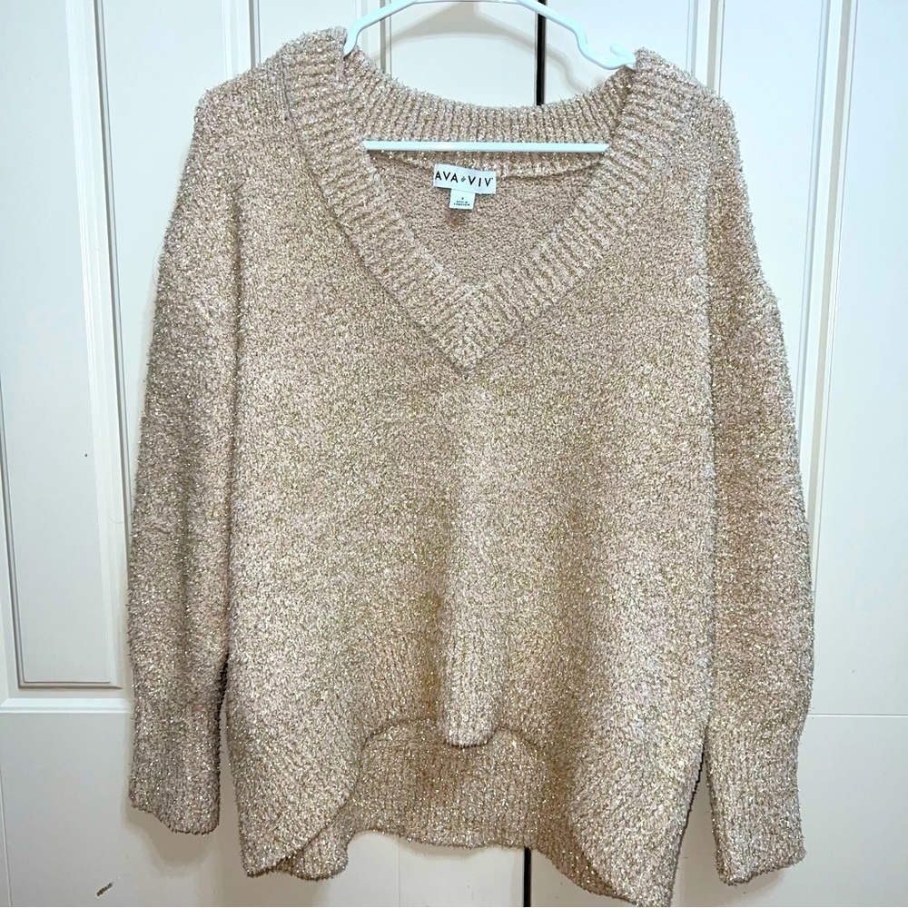 Ava & Viv Khaki and Sparkly Gold Tinsel V-Neck Very Soft Sweater Size X/14W